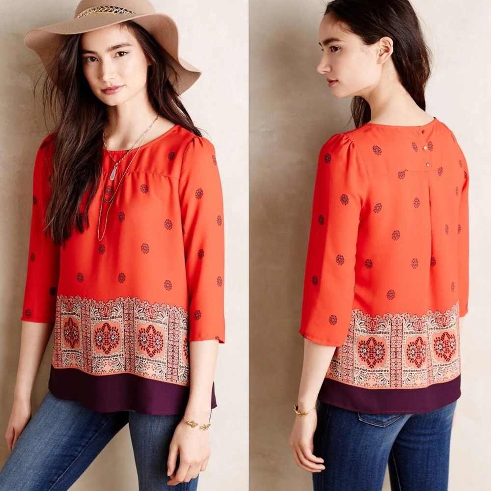 Anthropologie Maeve Women's Red Geometric Print‎ 3/4 Sleeve Blouse Top Size 2